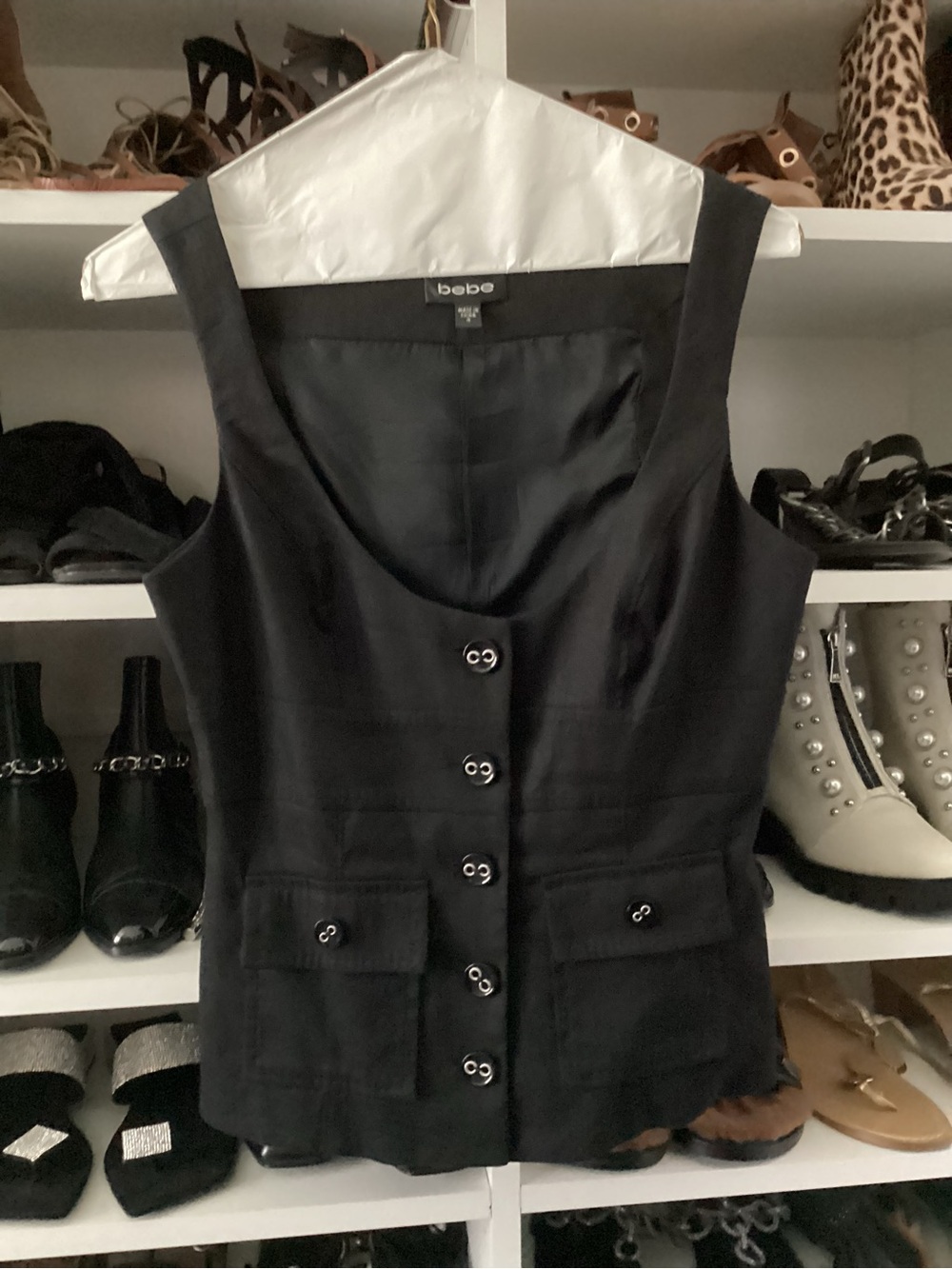 bebe Black Sleeveless Button-Front Vest Top